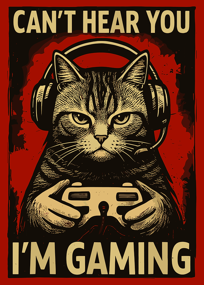 Can’t Hear You I’m Gaming Poster, Gamer Cat Wall Art, Funny Gaming Room Print
