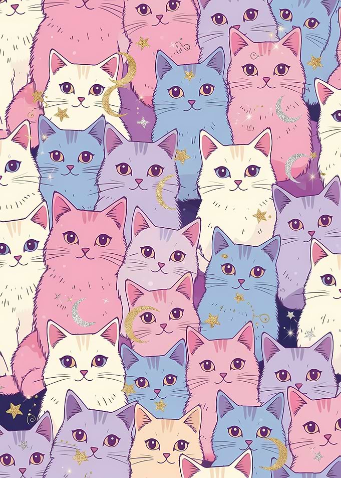 Pastel Cats with Moons and Stars