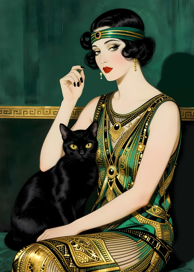 Art Deco Woman with Black Cat