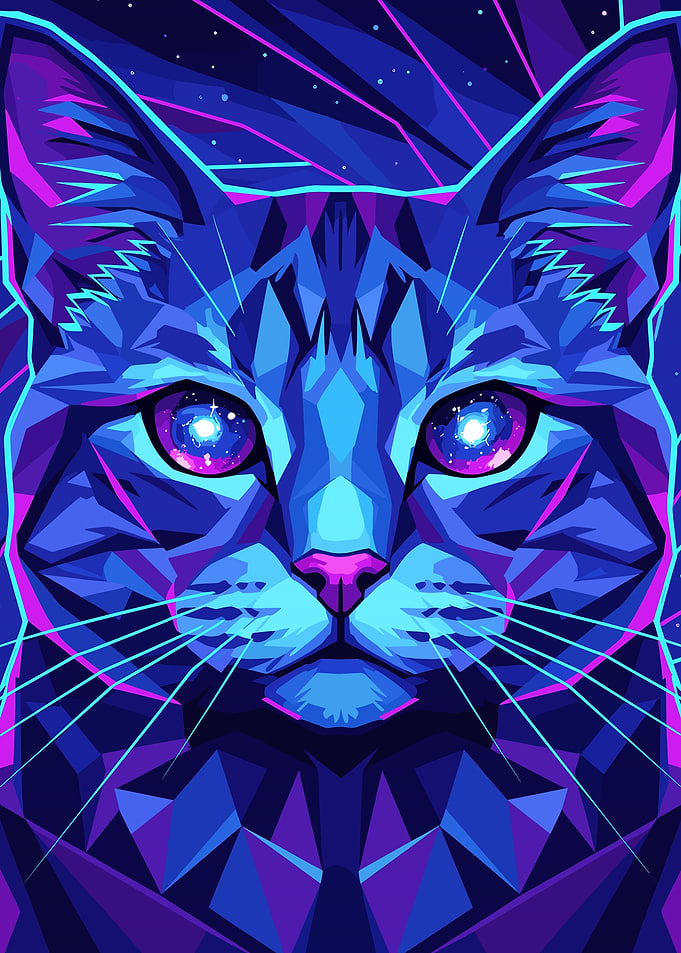 Geometric Cat Portrait with Galaxy Eyes