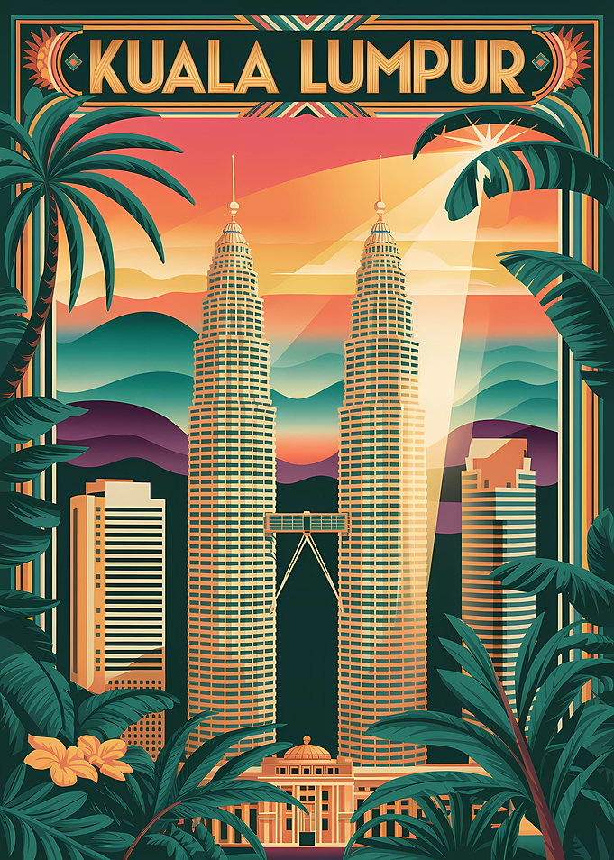 Kuala Lumpur Cityscape Art Deco Poster