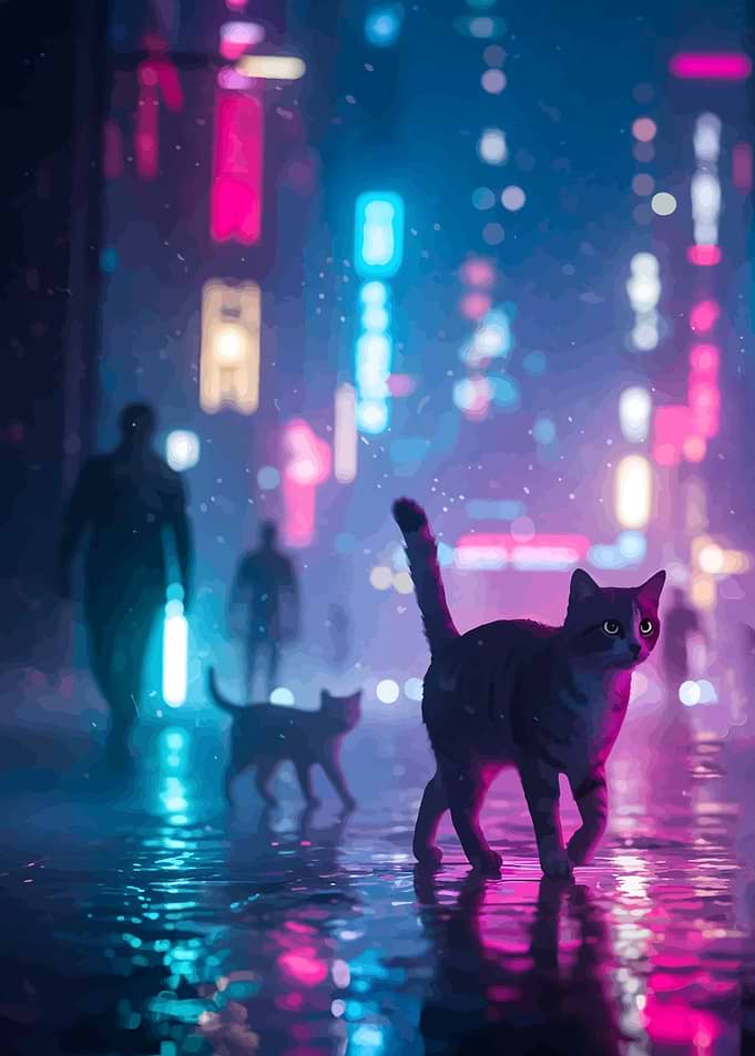 Cyberpunk Cats in Neon Cityscape