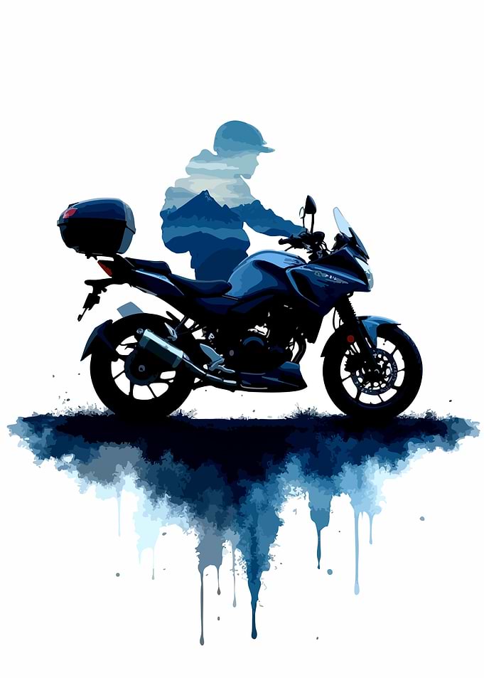 Blue Motorcycle with Mountain Rider Silhouette
