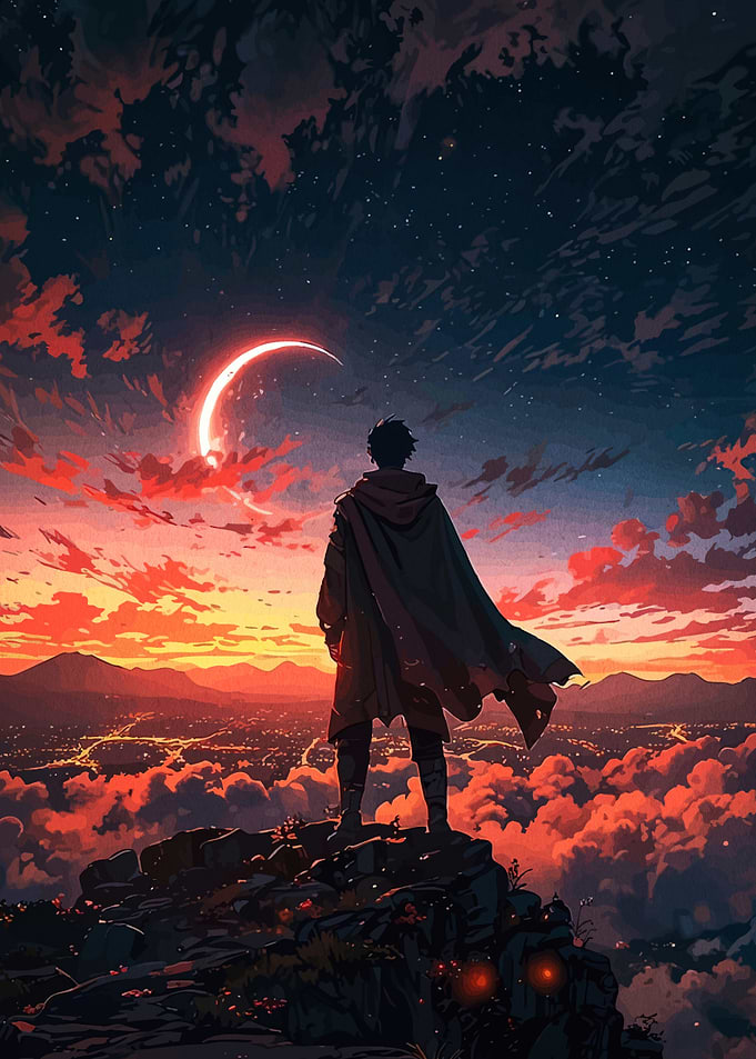 Lone Figure Overlooking a Fiery Landscape