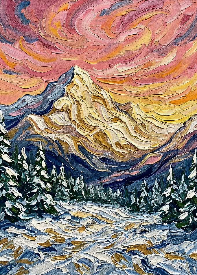 Impasto Winter Mountain Landscape Painting