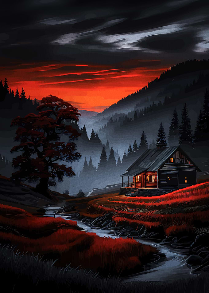 Cabin at Dusk Landscape Painting