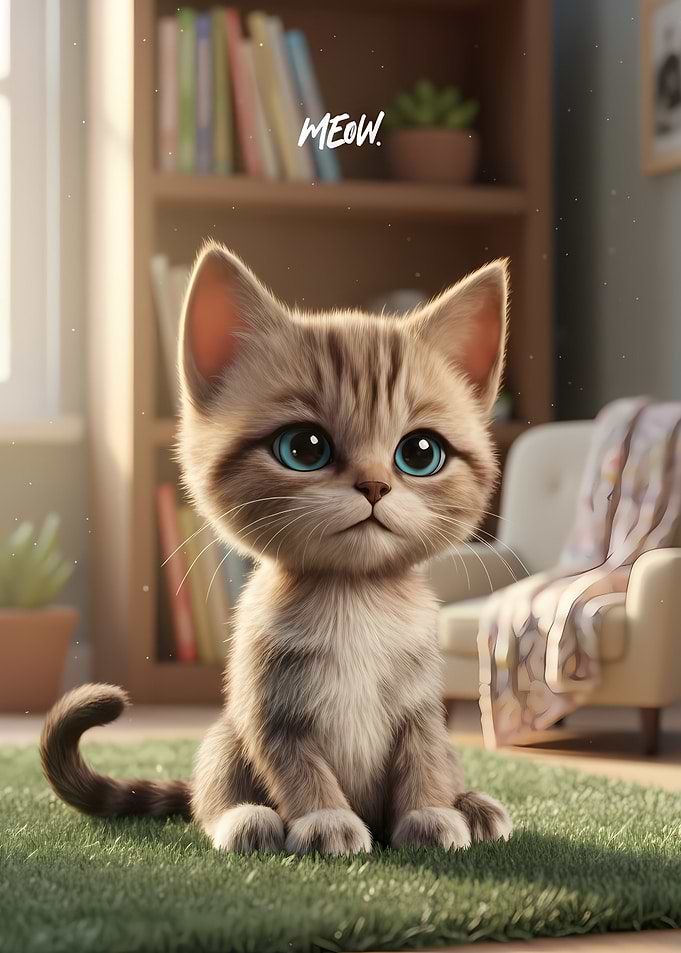 Cute Kitten Portrait on Green Carpet