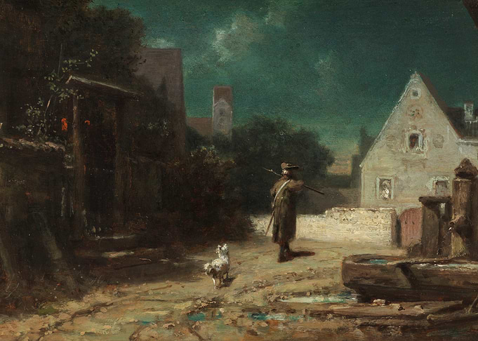 Night Watchman with Dog Painting
