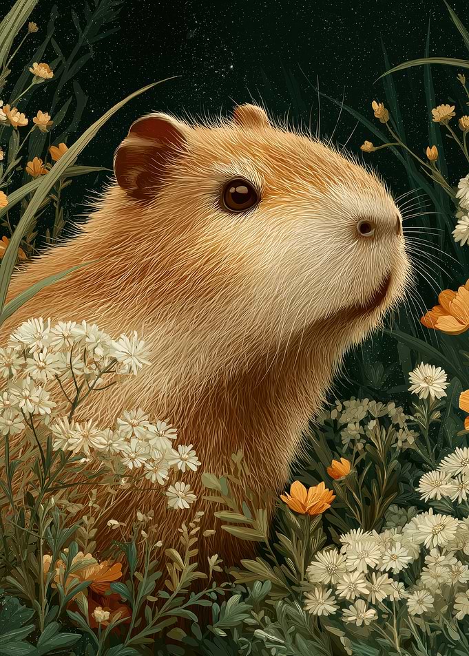 Capybara In Field Of Flowers