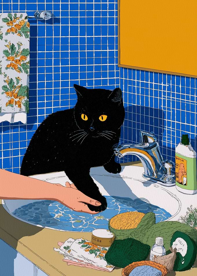 Black cat in bathroom sink illustration