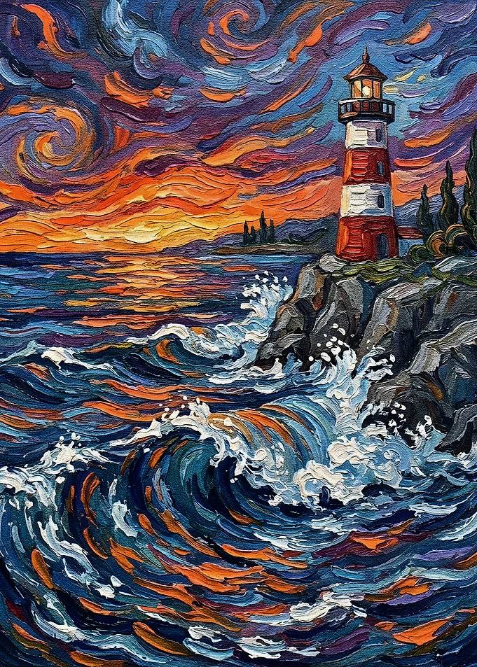 Lighthouse at Sunset Painting