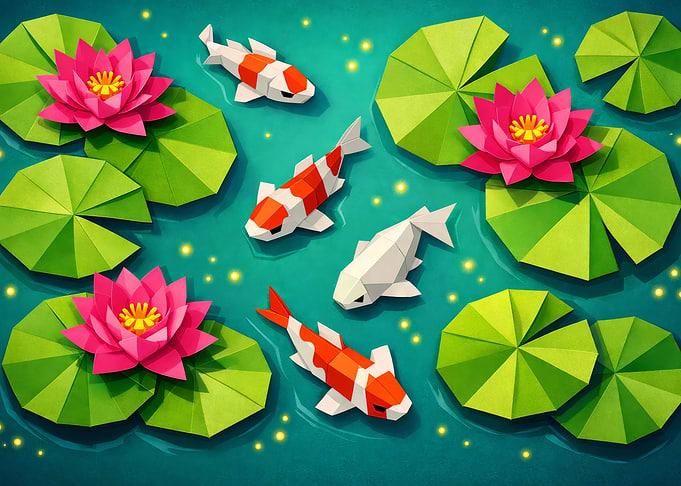 Origami Koi Pond with Lotus Flowers