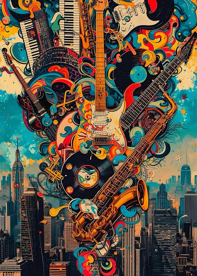 Musical Instruments over Cityscape Art