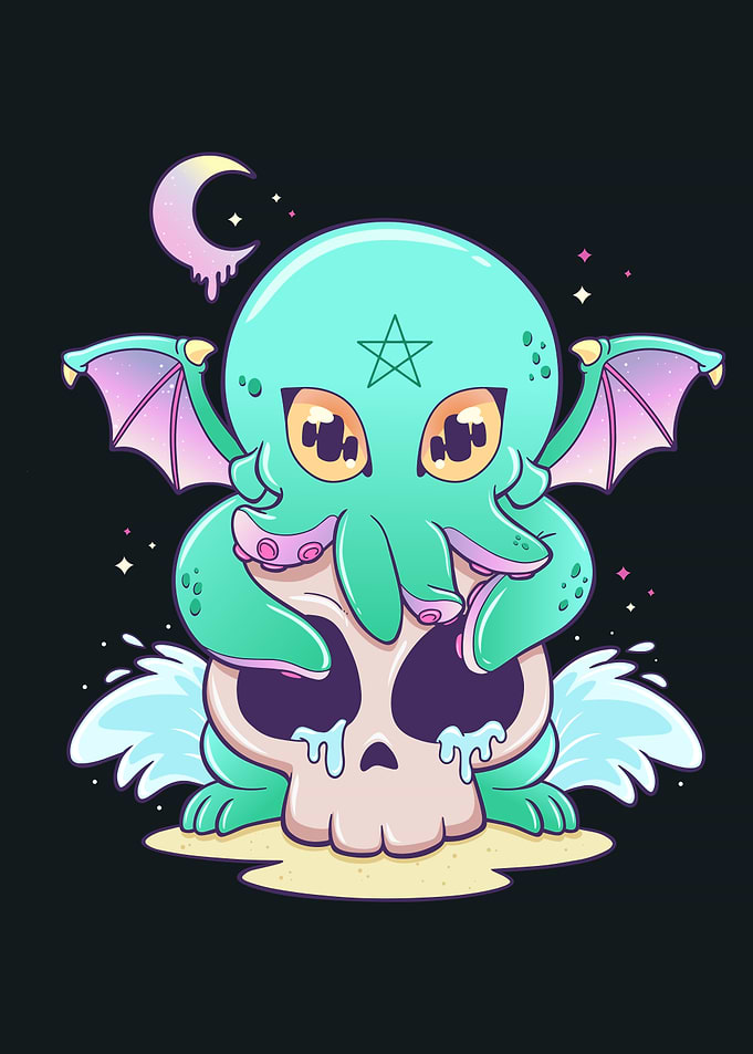 Pastel Cthulhu on Skull Illustration