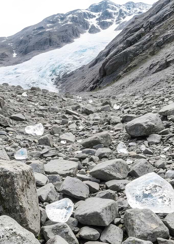 Glacier landscape with ice and rocks