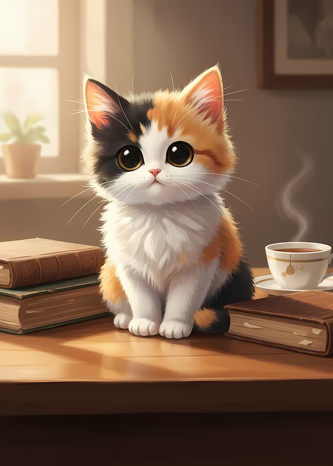 Cute Calico Kitten with Books and Tea