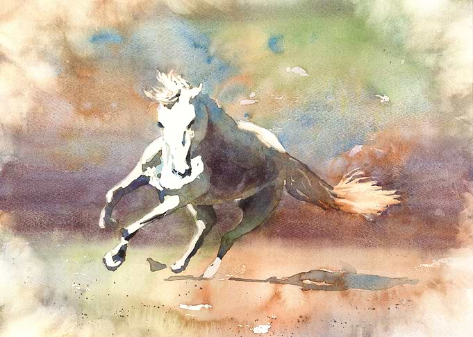 Watercolor Painting of a Running Horse