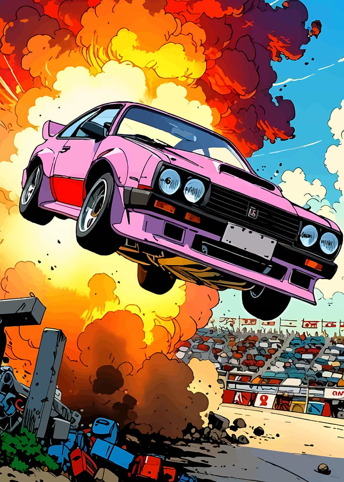 Pink Car Explosion Comic Book Style