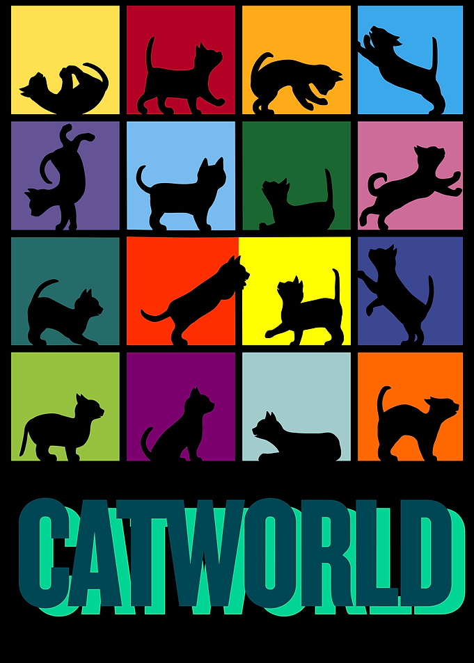 Catworld: Silhouetted Cats on Colorful Squares