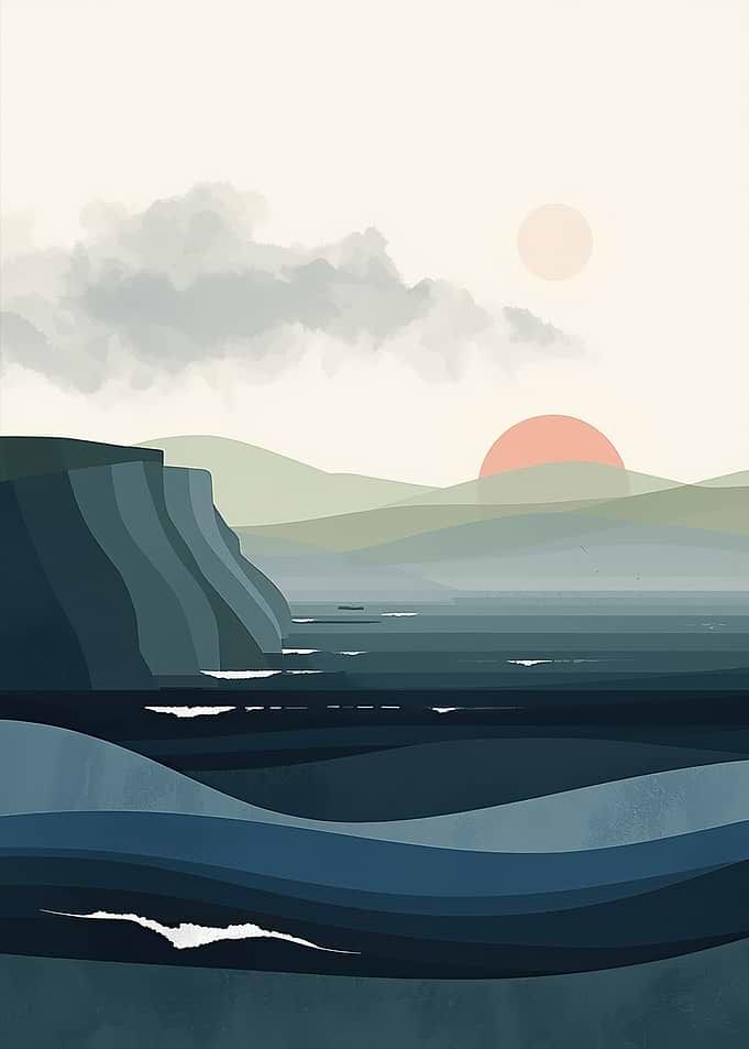 Coastal Landscape with Cliffs and Sun