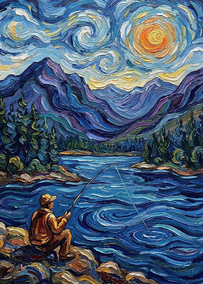 Fishing by the Lake, Starry Night