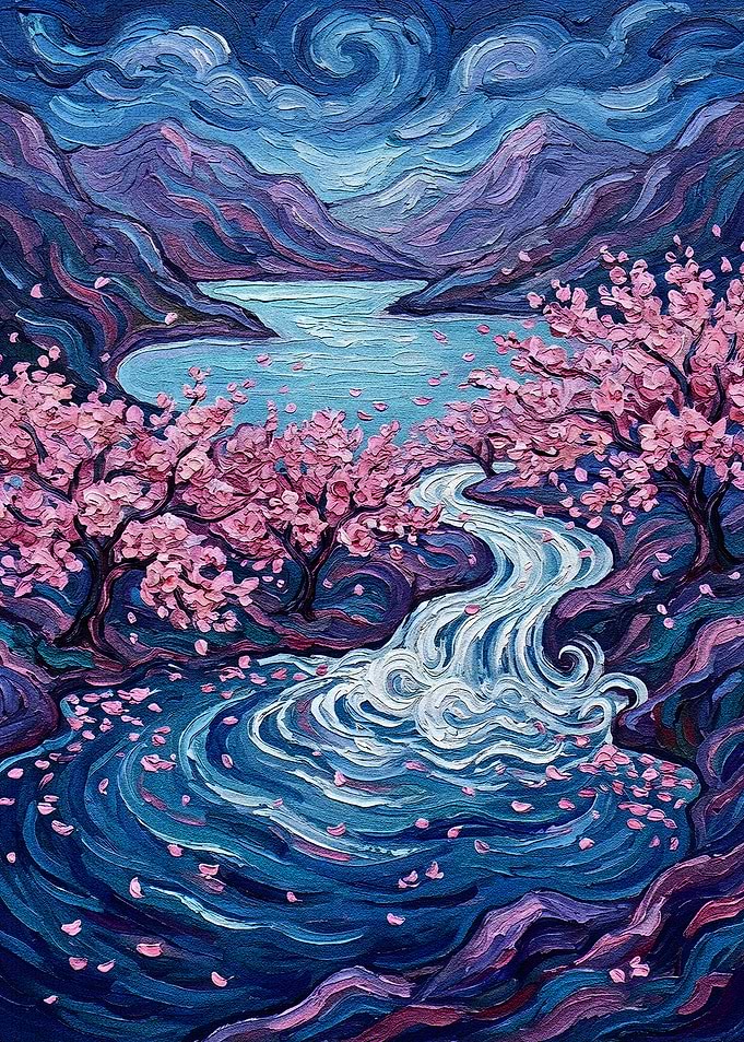 Cherry Blossom River Landscape Painting