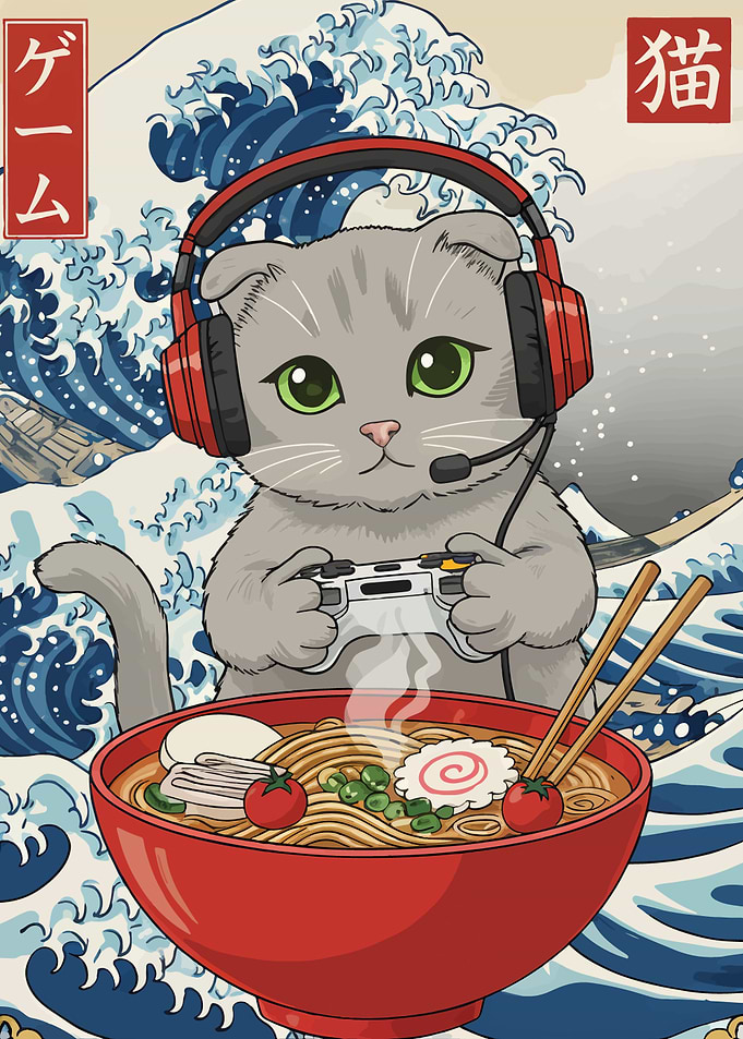 Gamer Cat with Ramen and Waves
