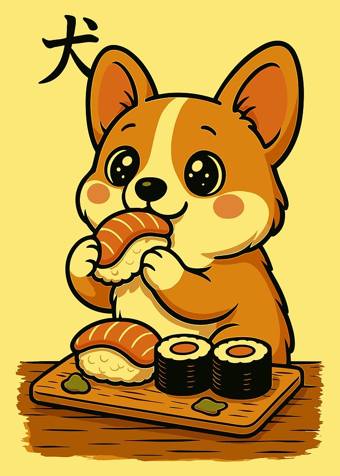 Corgi Sushi Poster, Cute Dog Eating Sushi Art, Japanese Food Cartoon Wall Print