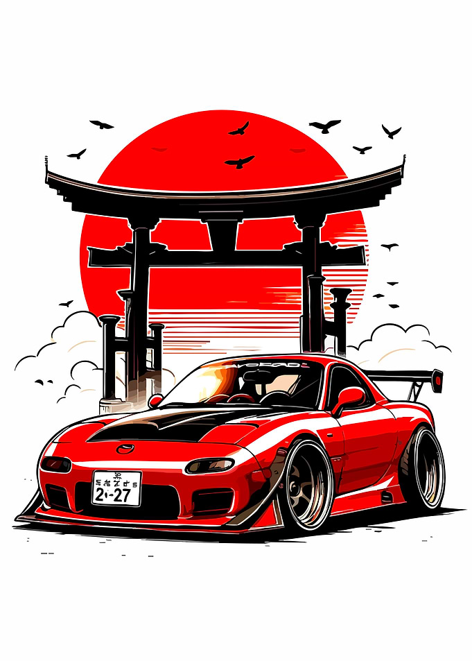 Red Mazda RX-7 with Japanese Torii