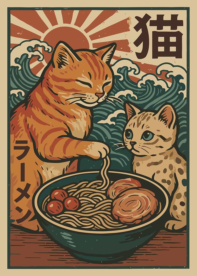 Cats Eating Ramen Poster, Japanese Cat Art Print, Cute Neko Food Illustration Wall Art