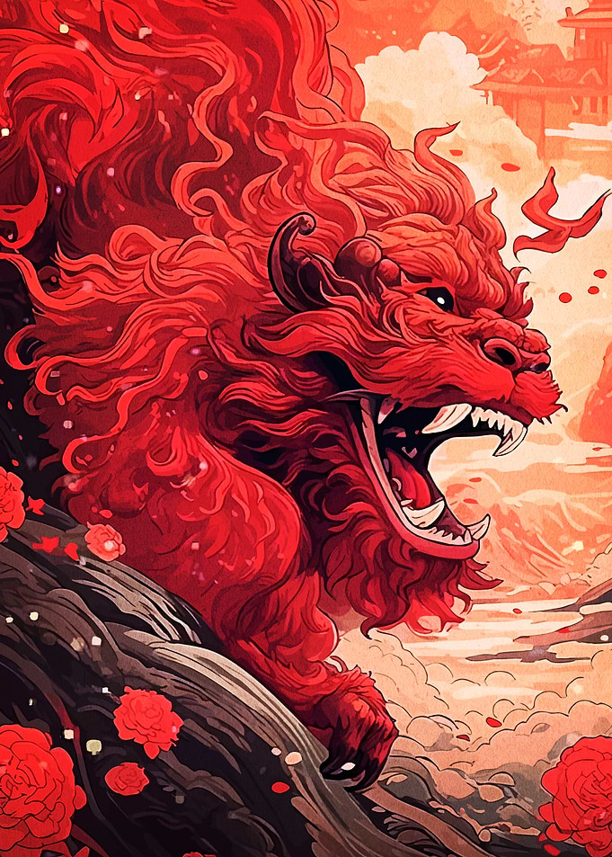 Red Lion in Asian Landscape
