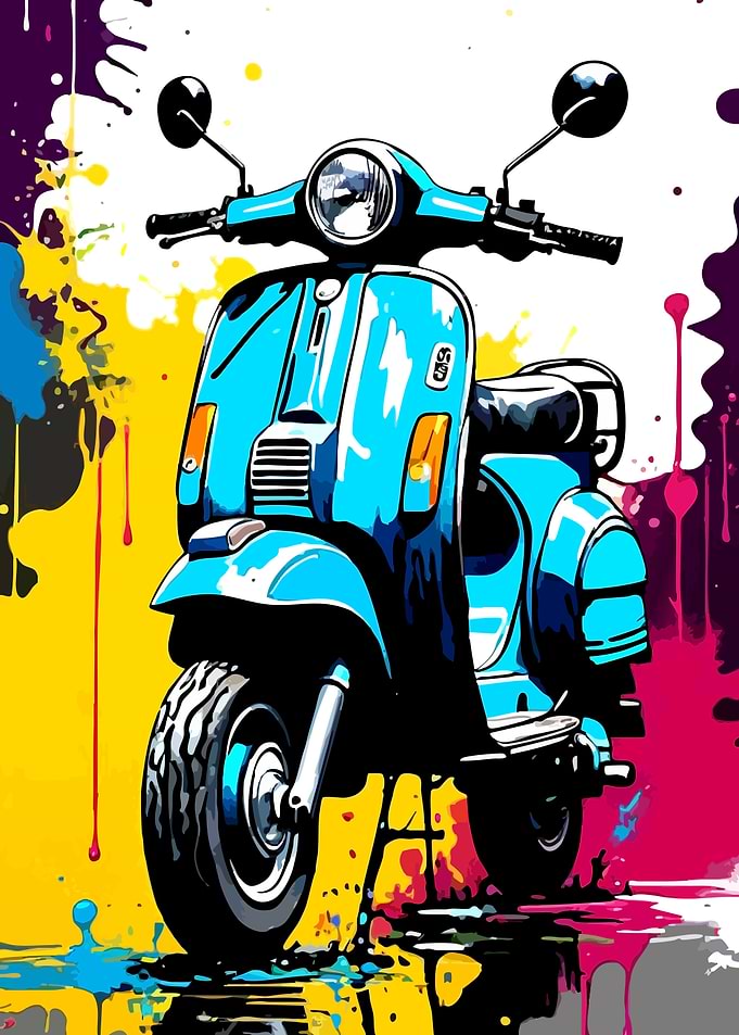 Blue Scooter with Colorful Paint Splatters