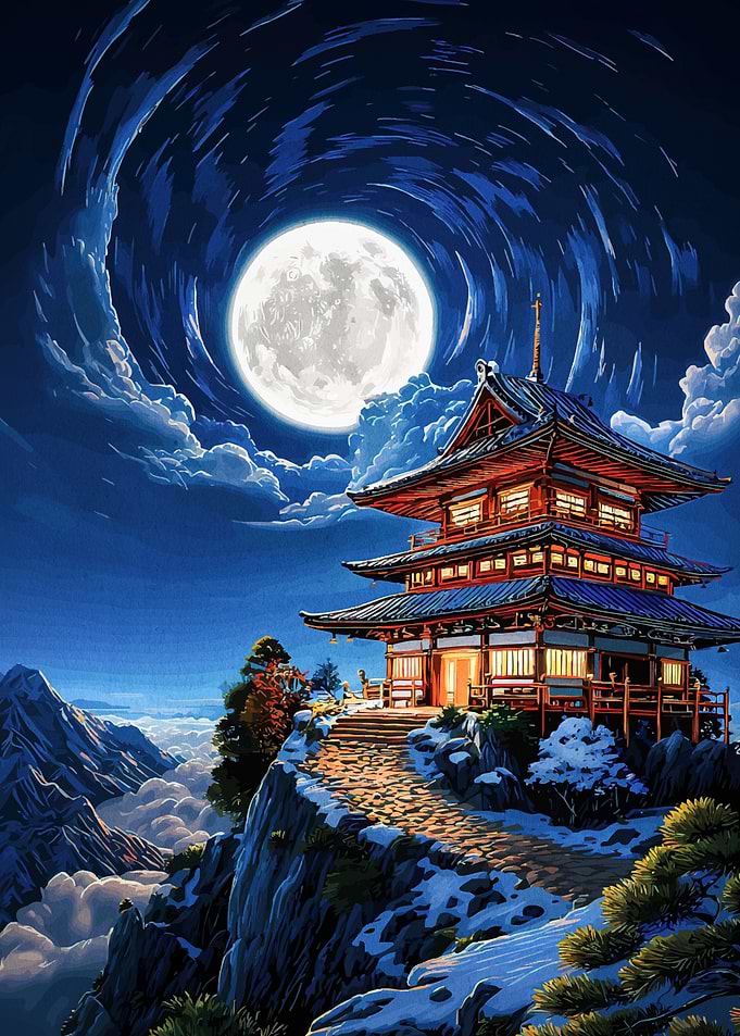 Japanese Pagoda Under Moonlight