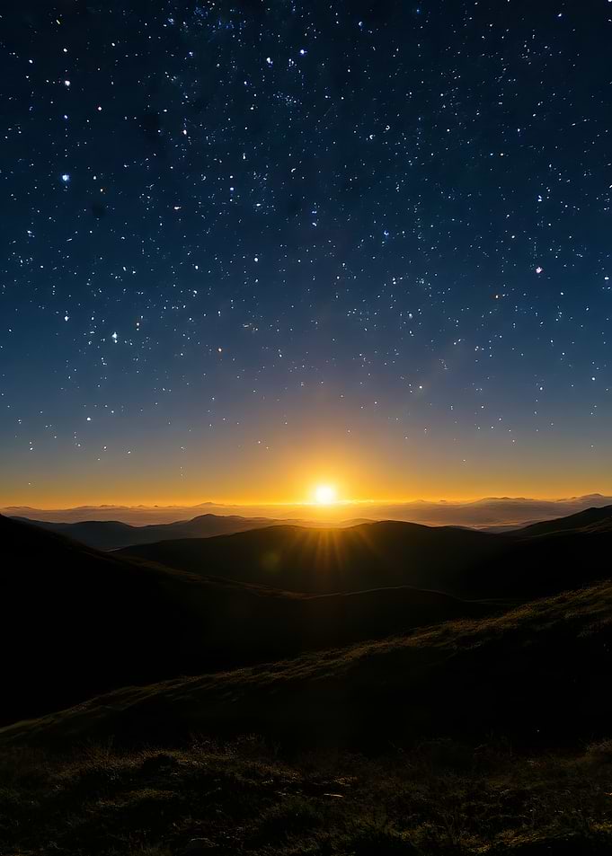 Mountain Sunrise Under Starry Night Sky