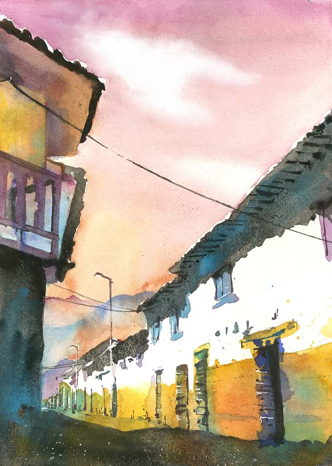 Watercolor painting Peruvian street