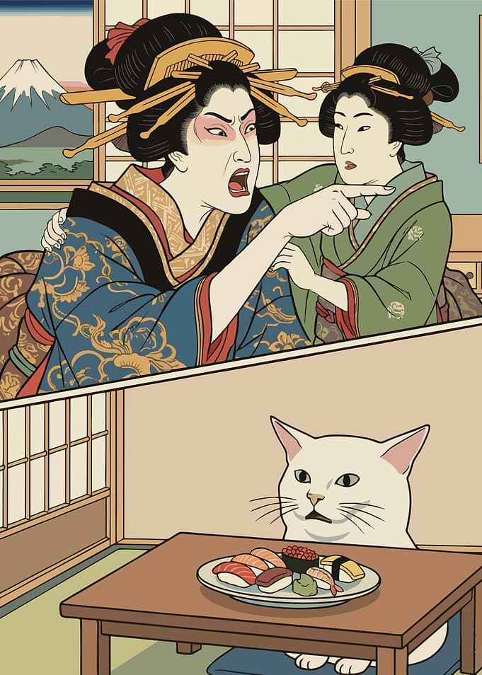 Woman Yelling at a Cat Meme - Ukiyo-e Style Poster