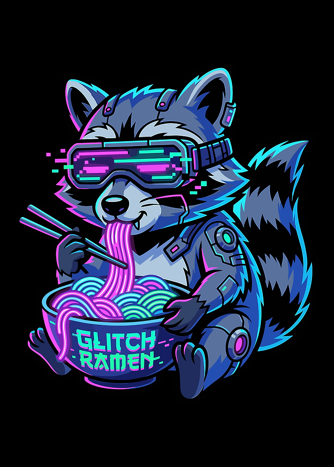 Cyberpunk Raccoon Ramen Poster, Glitch Ramen Neon Art Print, Futuristic Anime Wall Art