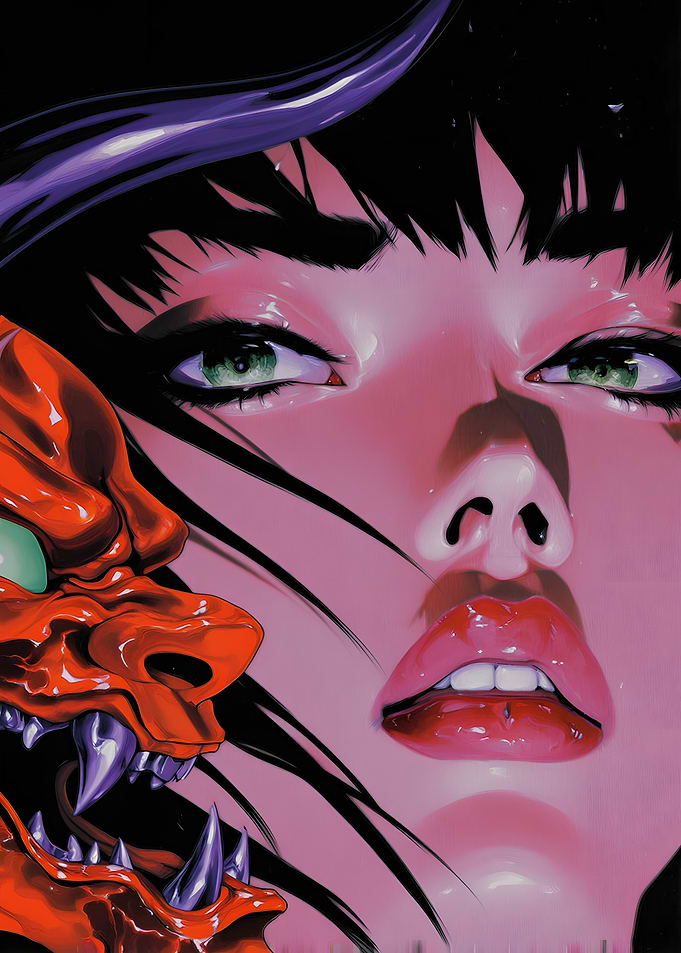 close up Woman and Oni Mask Digital Art
