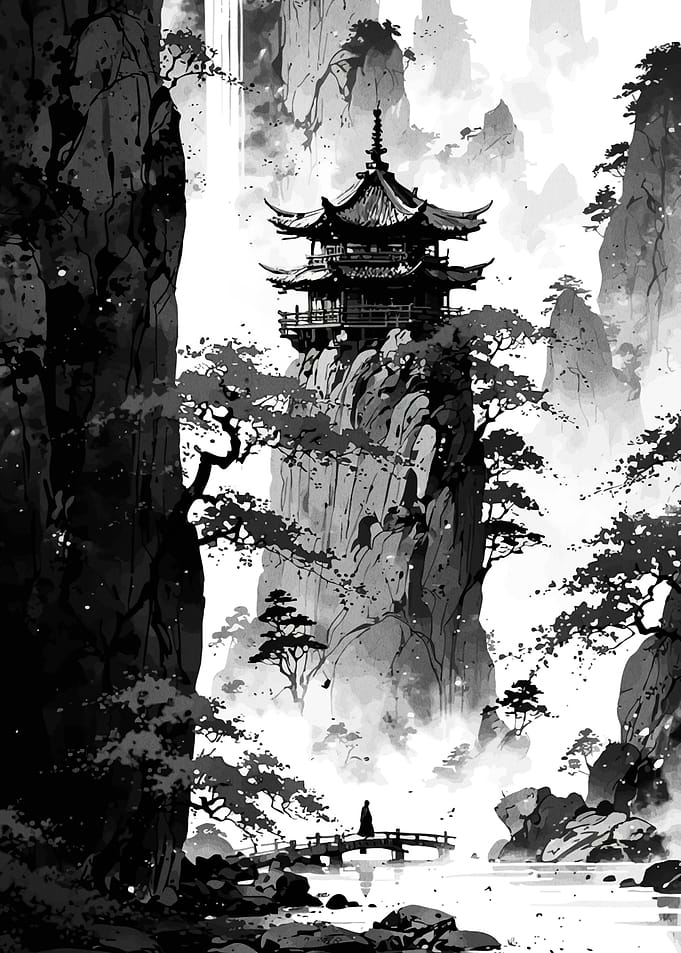 Monochrome Asian Landscape with Pagoda