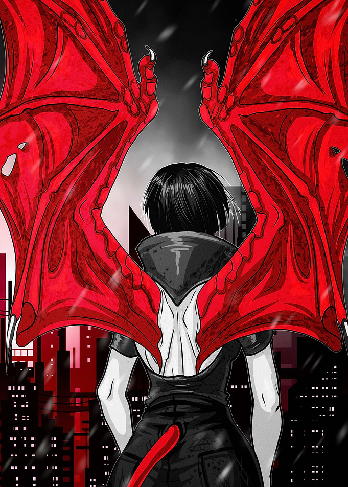 Winged Figure in Cityscape