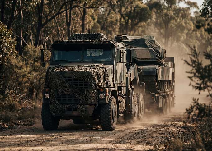 Military Truck Transporting Tank on Dirt Road
