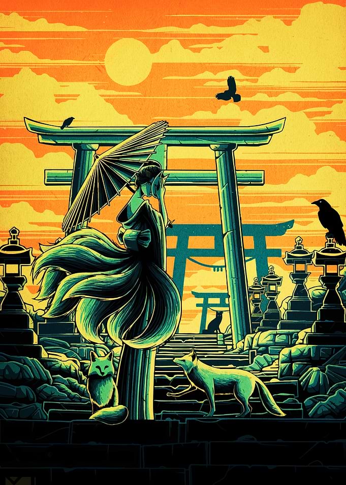 Kitsune Woman at Torii Gates