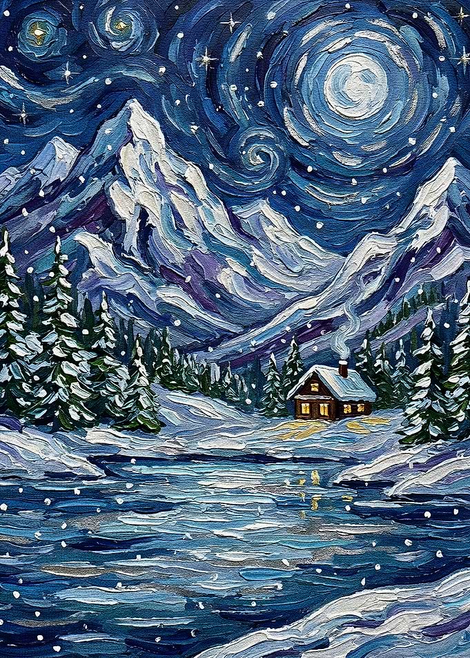 Winter Cabin Under Starry Night Painting