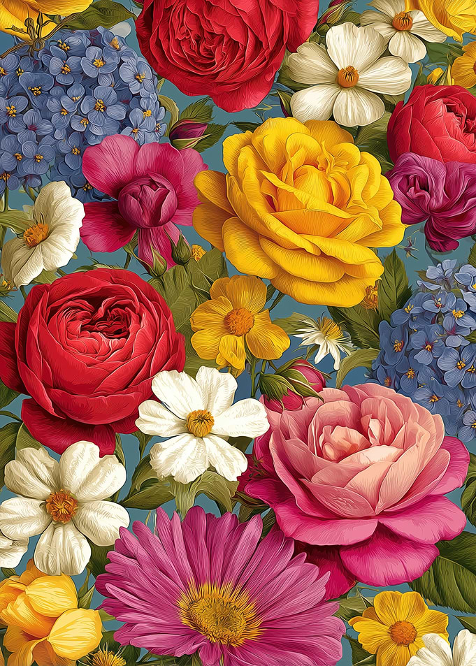 Floral Pattern with Roses and Hydrangeas