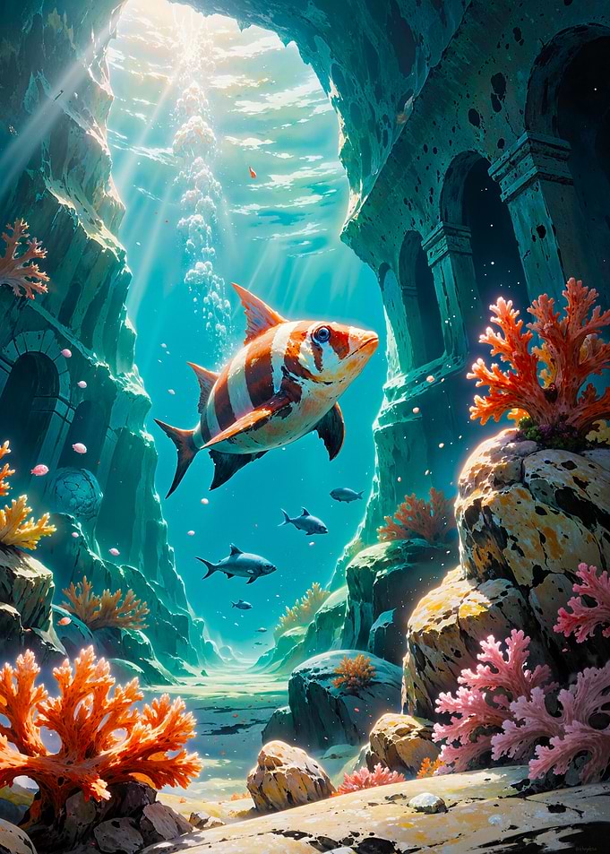 Colorful Fish in Sunlit Underwater Passage