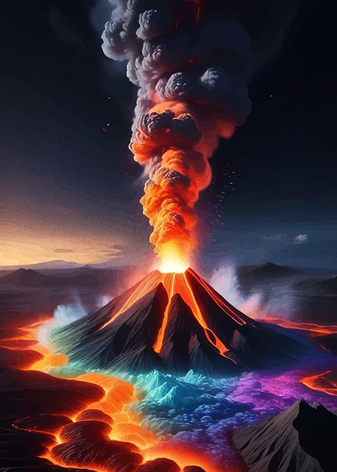 Volcano Eruption with Colorful Lava Flow
