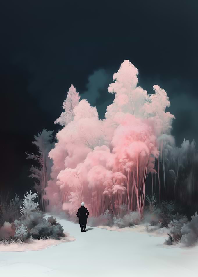 Man Walking in Pink Surreal Forest