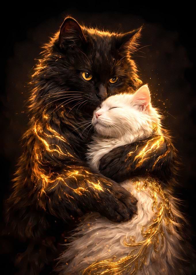Black And White Cats Couple - Luxury Animal Wall Art - Romantic Gift Decor