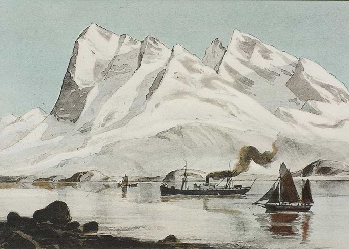 Arctic Landscape with Ships and Mountains