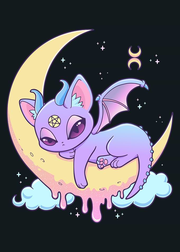 Pastel Goth Cat Dragon on Moon